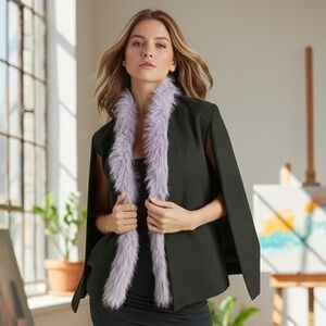 NWOT Venus Faux Fur Trim Cape Jacket  Black Lavender Purple Boa Scarf
